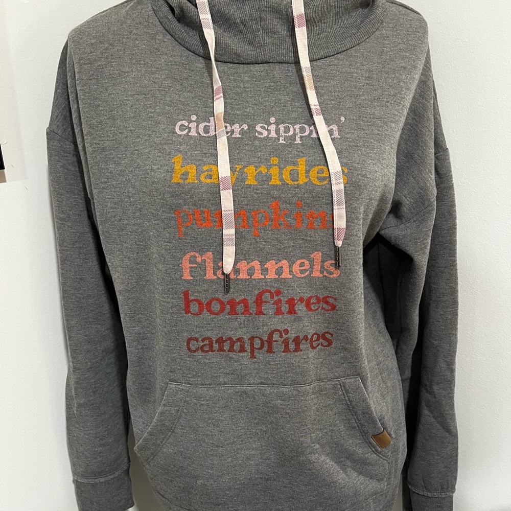 Heather Gray Cowl Neck Sweatshirt with Autumn saying